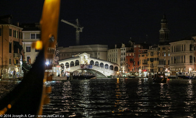 The Rialto Bridge on the Grand Canal at night