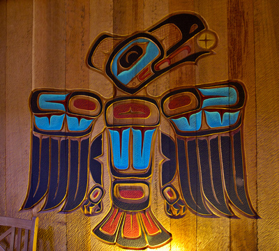Raven carved wall panel in the Clan House