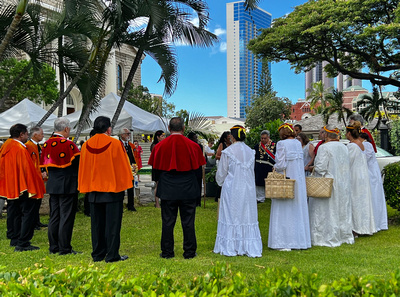 Hawaiian ceremony outside the church
