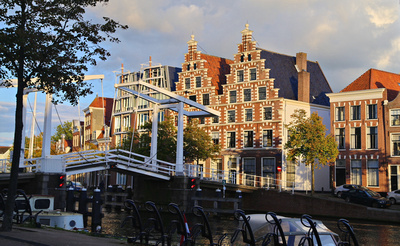 Draw bridge across main river through Haarlem with beautiful old buildings