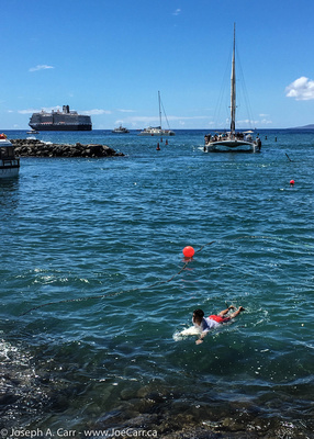 Lahaina harbour traffic with a surfboarder and the  Eurodam anchored