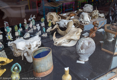 Store front display of sculls and pottery