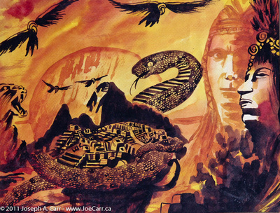 A painting of the Inca Cross: a snake, a puma and condors with Machu Picchu