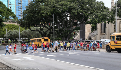 School kids crossing the street on a field trip