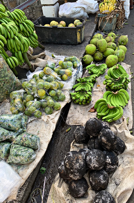 Burnt coconuts, bananas and breadfruit