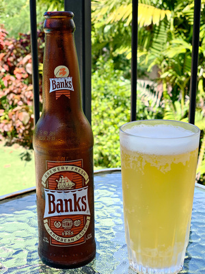 Enjoying a Banks light lager beer on the patio