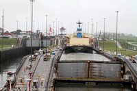 Looking ahead from the first lock at Gatun & freighter ahead of us