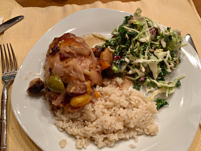 Moroccan Chicken with Kale salad and rice