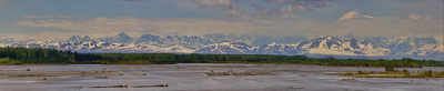 Denali peak above the clouds and the Chulitna River valley and Alaska range