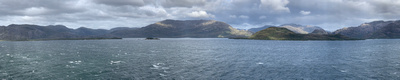 Panorama of the mountains and Sarmiento Channel