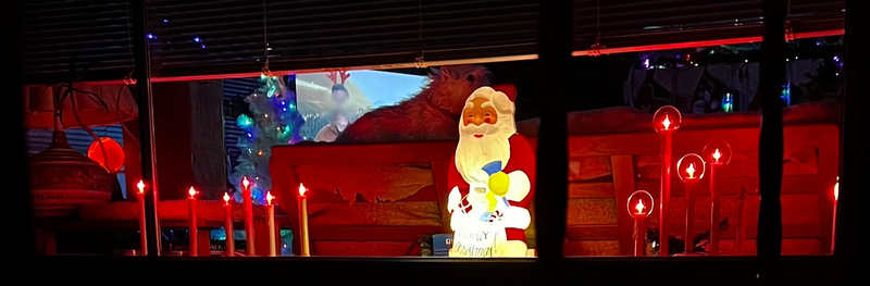 Santa, Tanner and our Christmas decorations in the window