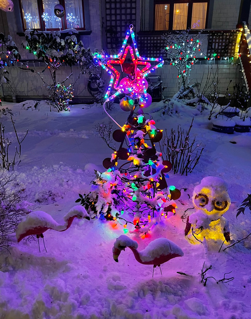 Neighborhood Christmas decorations at night - flamingos in the snow with a toy Xmas tree and an owl