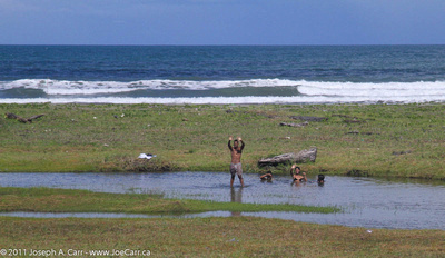 Ticos swimming in the freshwater near the Caribbean coastal beach