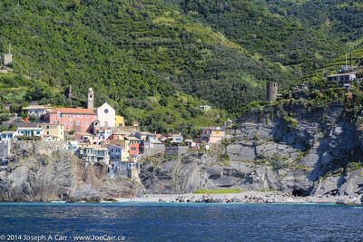 Rocky cliffs and beach at Vernazza