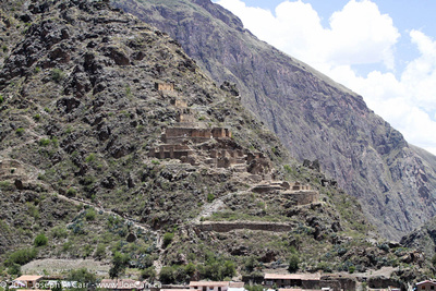 Inca agricultural storage facilities on the opposite mountain