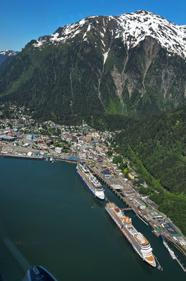 Over flying Juneau with cruise ships and Mt. Juneau
