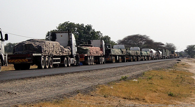 Trucks waiting for the Kazungula ferry on the Botswana side of the Zambezi