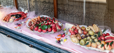 Marzipan confections in a shop window