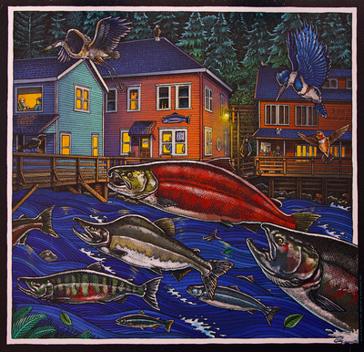 Colour print of four types of salmon by Roy Troll, 1999