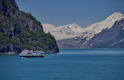 Entering Tarr Inlet with Grand Pacific Glacier visible and National Geographic Quest leaving