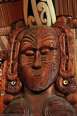 Carving in interior of Te Whare Runanga Meeting House