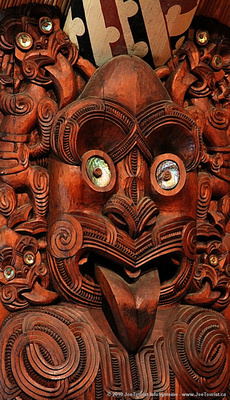 Carving in interior of Te Whare Runanga Meeting House
