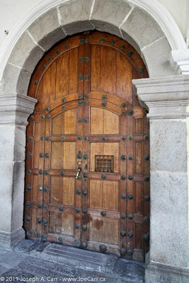 Ornate wooden door with brass knocker